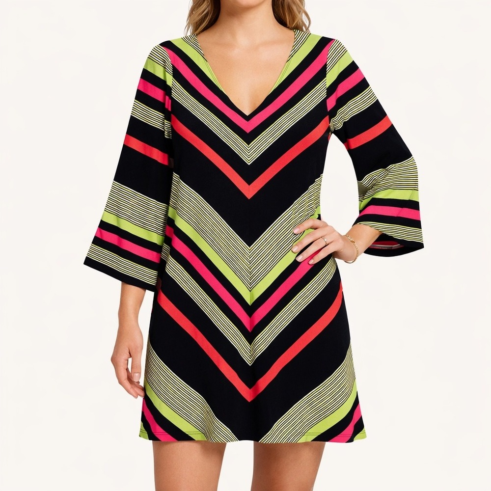 Sunny Leigh Womens Chevron Stripe V-Neck Bell Sleeve Tunic Dress Neon Black L